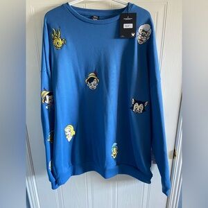 Cakeworthy Disney Blue Crewneck Sweater with Pinocchio Character Patches
